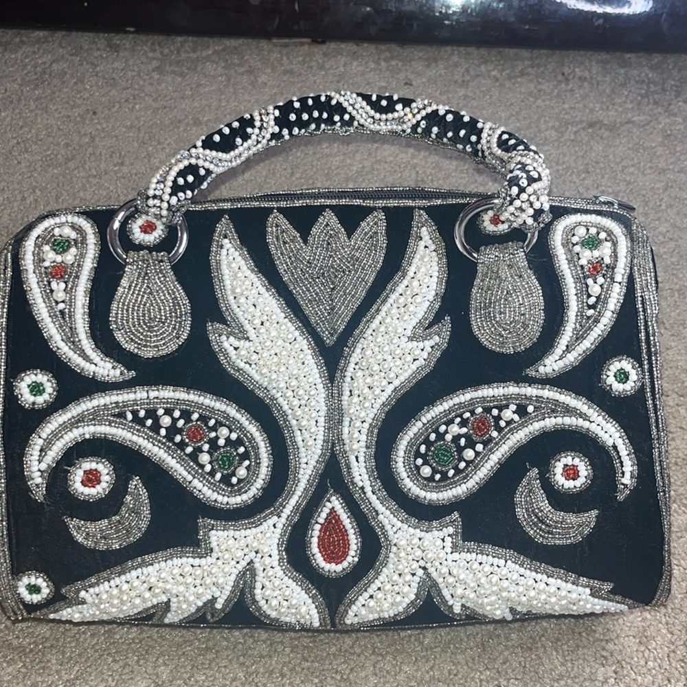 Handmade bag purse pearl beaded rhinestone party wedding womens bag white black